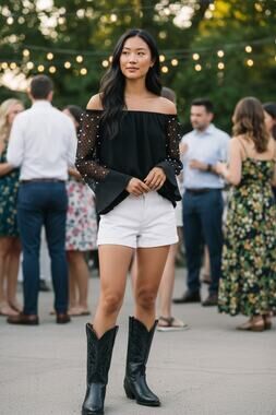 Coco Bianco Medium Black Off Shoulder Pearl Lace Bell Sleeve Blouse Top
